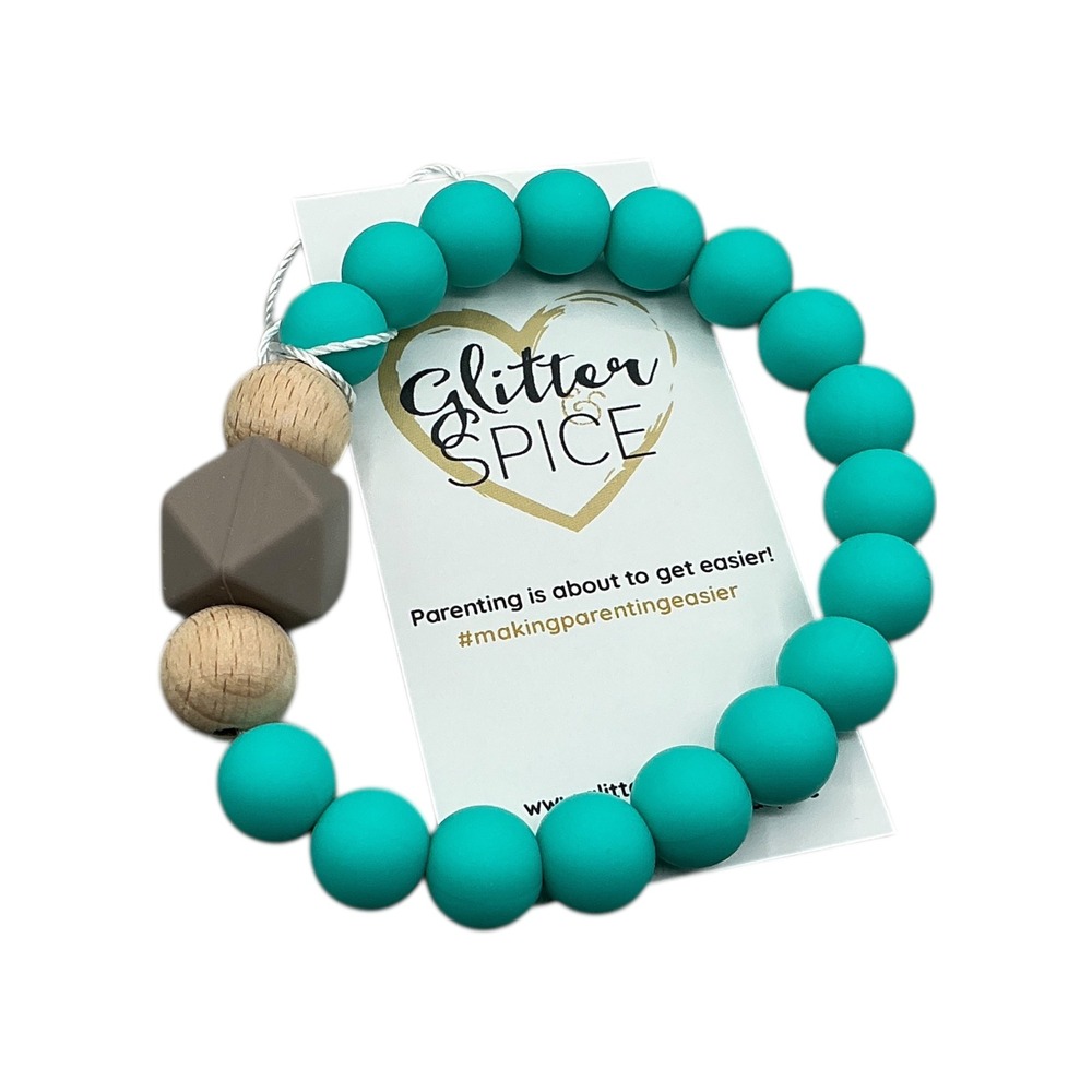 Glitter Spice Teething Bracelet Teal Silicone Wood Gem Beads